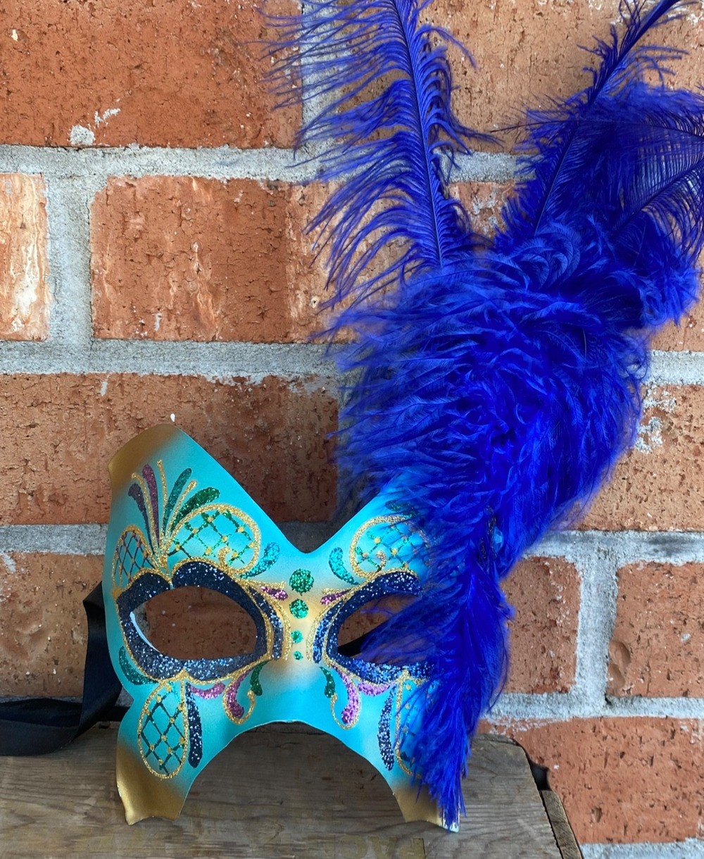 Pier 1 Mask Maschera Del Galeone Italy Hand-Painted Masquerade Blue Feathers
